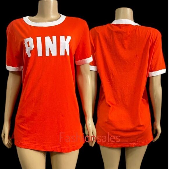 Victorias Secret Pink Campus Ringer Oversized Short Sleeve Logo Tee Shirt Tomato - Picture 6 of 9